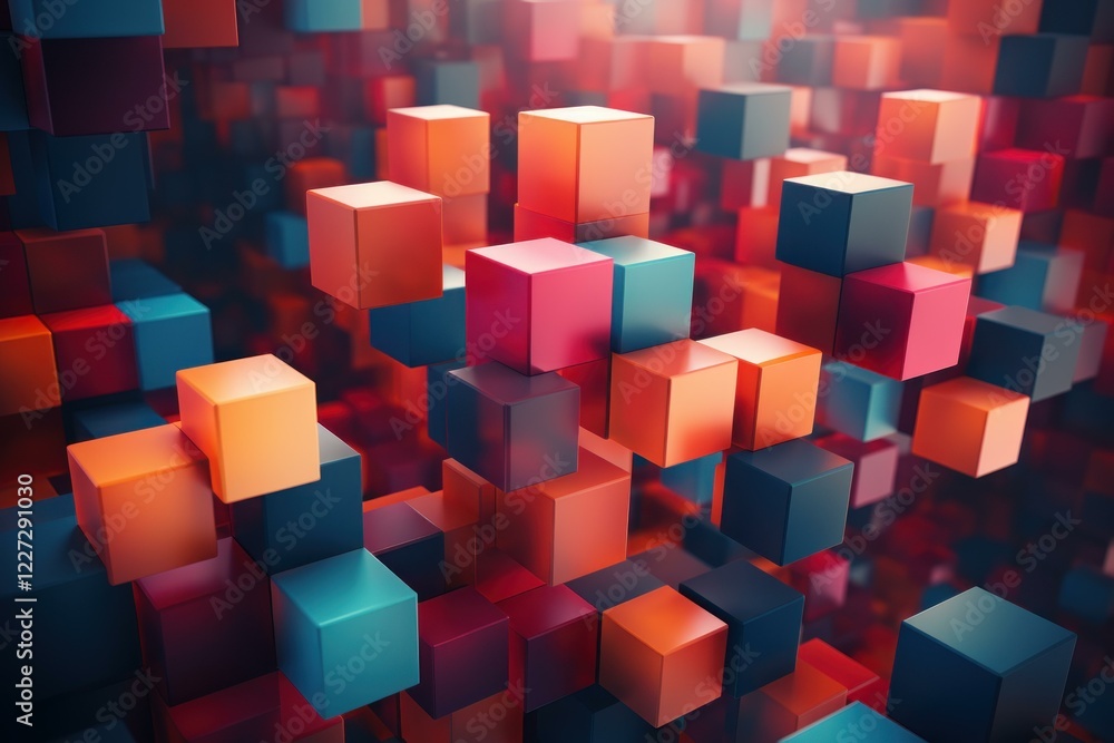 Poster abstract 3d render of colorful cubes forming a complex and visually appealing structure, ideal for t