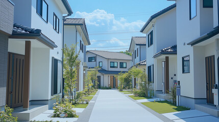 緑あふれる現代的な住宅街の白い家並み