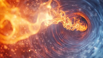 Illustration depicting smoke and fire inside an air duct within a ventilation system with the front and back backgrounds blurred and featuring a bokeh effect