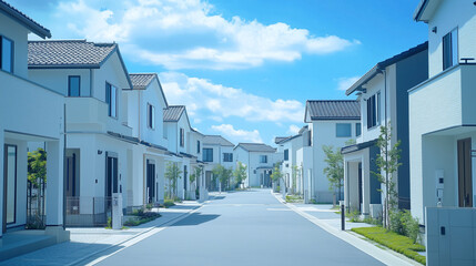 緑あふれる現代的な住宅街の白い家並み