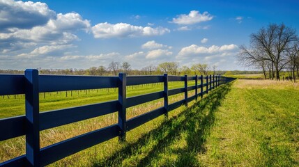 Fototapeta premium A bleu aluminum fence running alongside a beautiful vineyard, with rows of grapevines stretching into the distance.