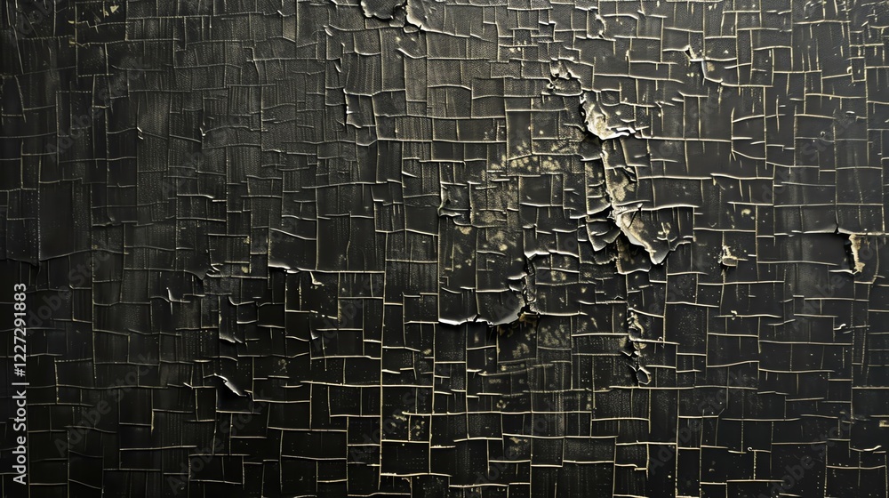 Poster black and gold abstract painting. the dark background is covered in a grid of small squares, each wi