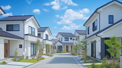 緑あふれる現代的な住宅街の白い家並み