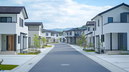 緑あふれる現代的な住宅街の白い家並み