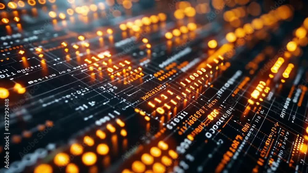 Poster digital data stream with glowing binary code and circuit patterns illuminated in abstract design