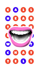 Conceptual art design. Large pink lips with bold red and blue text circles forming words like call and chat represent verbal communication. Concept of communication, opinion, active listening.