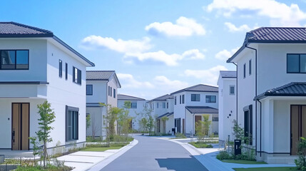 緑あふれる現代的な住宅街の白い家並み