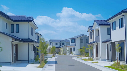 緑あふれる現代的な住宅街の白い家並み
