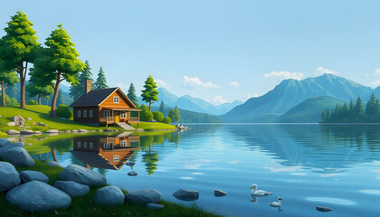Fototapeta premium house on the lake 3d render illustration , with white tonespng