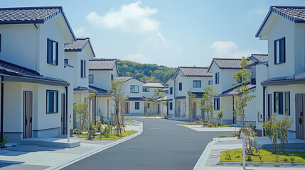 Fototapeta premium 緑あふれる現代的な住宅街の白い家並み