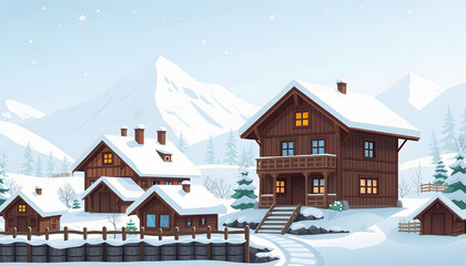 Winter houses collection. Cartoon snow home and rural cottages set. Including alpian chalet, mountain lodge, half-timbered house and other snowy buildings in flat design isolated with white highligh