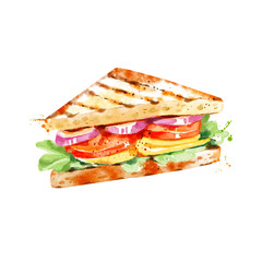 Watercolor hand drawn fastfood illustration of sandwich. Vector painted isolated food packaging design