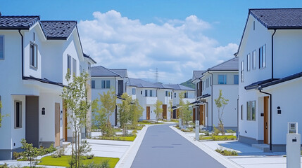 緑あふれる現代的な住宅街の白い家並み