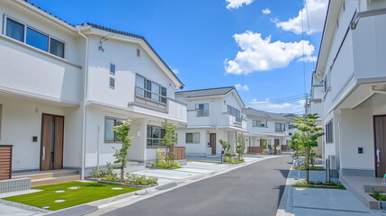 緑あふれる現代的な住宅街の白い家並み