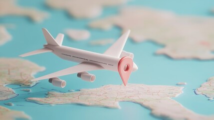 Obraz premium Illustration in 3D showcasing a flying airplane over a map pin, embodying the concept of travel.