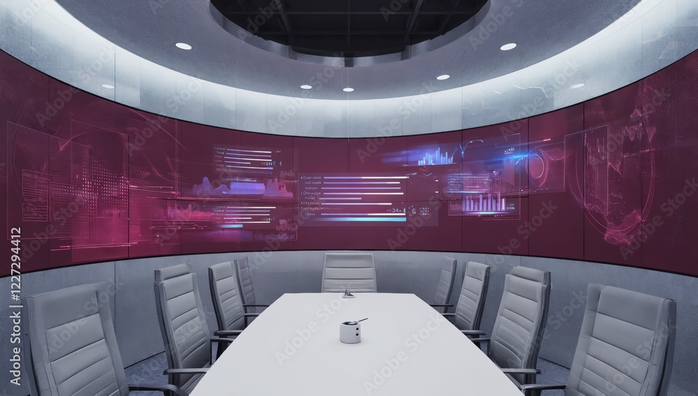 Poster empty meeting room featuring a large curved screen displaying various business data, charts, graphs,