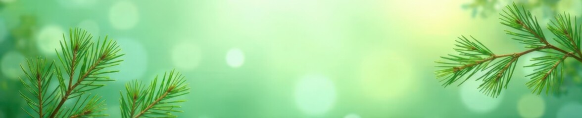 Pastel green background features ethereal pine branch arrangements with soft glow, pastel green, nature decor