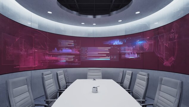 Empty meeting room featuring a large curved screen displaying various business data, charts, graphs, and global information, suggesting a high tech and data driven business environment