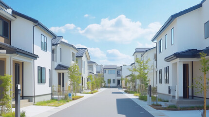 緑あふれる現代的な住宅街の白い家並み