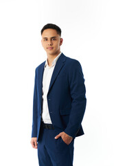 Young businessman posing in blue suit on white background