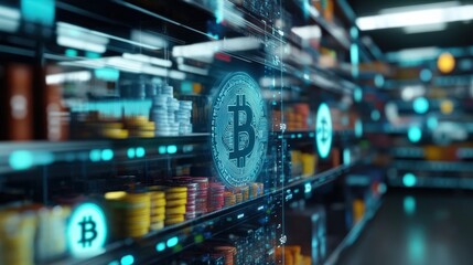 Obraz premium A store with a display of coins and a large blue Bitcoin symbol