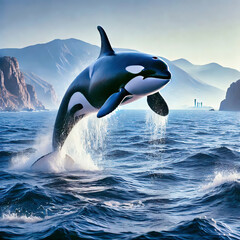 Fototapeta premium Orca jumps out of the water, in a seascape with mountains in the background