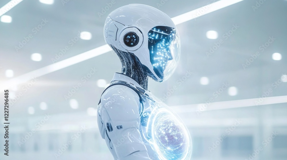 Poster A humanoid robot stands in a sleek, modern environment, featuring glowing elements. Its transparent chest reveals a glowing embryo, symbolizing the fusion of technology and life in new explorations.