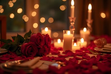 Romantic candlelit dinner table with red roses and fairy lights