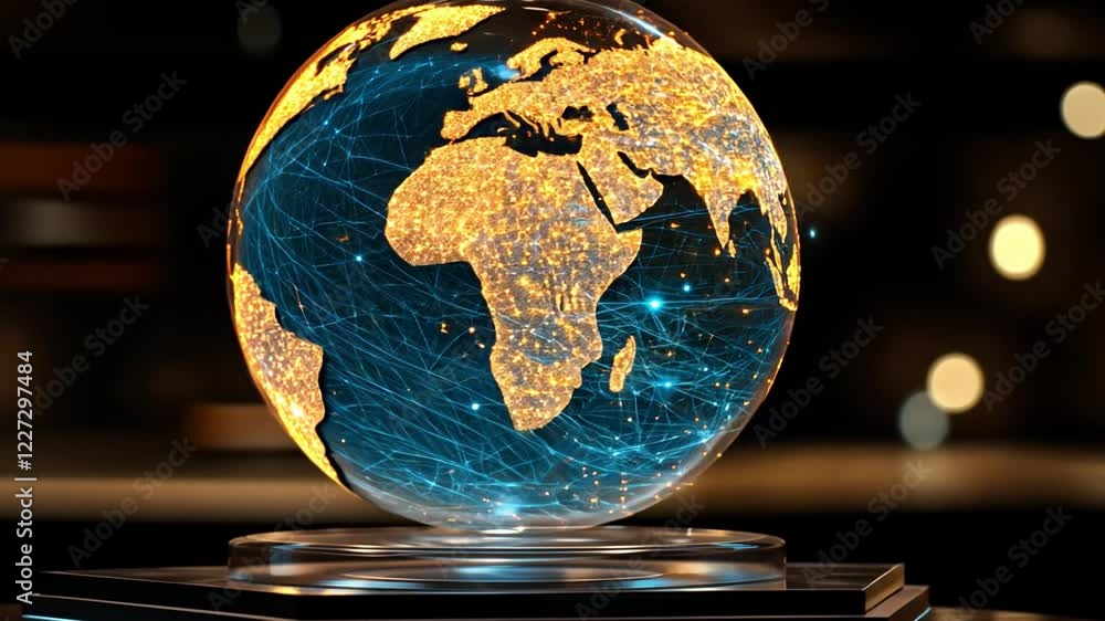 Poster illuminated globe showcasing interconnected continents and vibrant networking in a dark environment