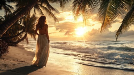Beautiful girl on the beach with palm trees. Selective focus.