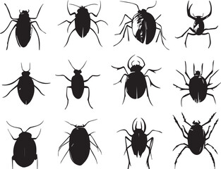 A set of insects silhouettes for flat design. Hand drawn vector illustration