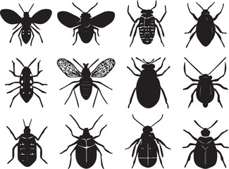 A set of insects silhouettes for flat design. Hand drawn vector illustration