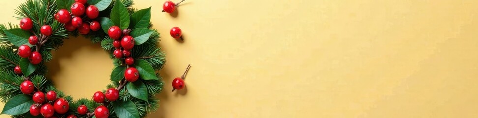 Red and green Christmas berry wreath on tan background, green, berries, christmas