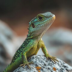 Obraz premium A lizard perched confidently on a rock, basking in the sun and striking a pose.