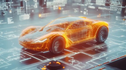 Illustration of a futuristic car intersecting with a wireframe in a digital user interface environment