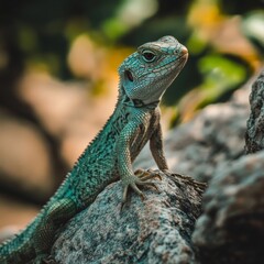 Fototapeta premium A lizard perched confidently on a rock, basking in the sun and striking a pose.