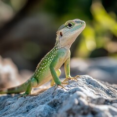 Obraz premium A lizard perched confidently on a rock, basking in the sun and striking a pose.