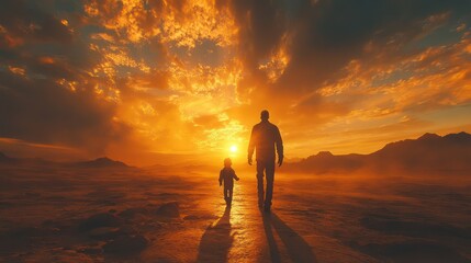 Sunset Stroll: Father and Son Silhouette at Golden Hour