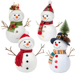 Snowmen wearing festive hats and scarves arranged in a cheerful winter display during the holiday season