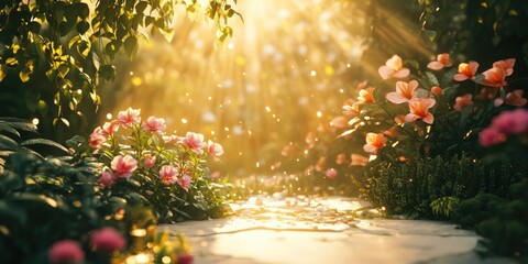 Sunlight filtering through trees and flowers