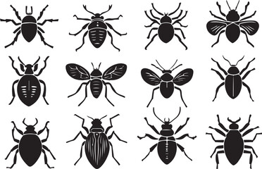 A set of insects silhouettes for flat design. Hand drawn vector illustration