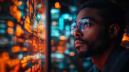 Engaging in data analysis, a man studies vibrant digital displays in a modern workspace during evening hours. Generative AI