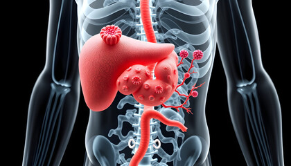 Detailed 3D medical illustration of a human liver with cancerous tumors, displayed against a stylized body, for healthcare and oncology education