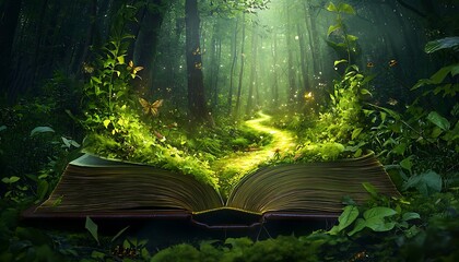 A magical open book transforming into an enchanted forest, with glowing pathways, lush greenery, and butterflies symbolizing the power of imagination and storytelling.