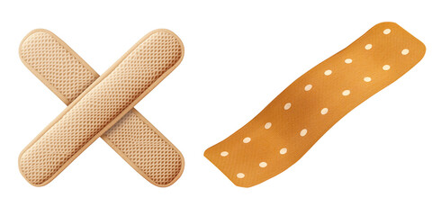 Two adhesive bandages, one forming an 'X' and the other a checkmark, symbolizing choices or decisions.