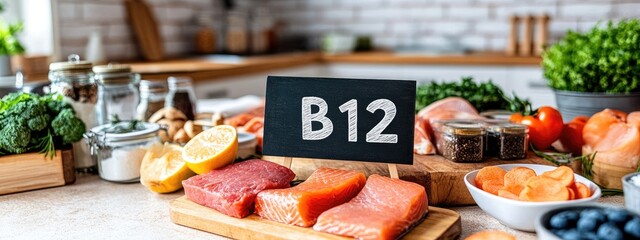group of products that contain vitamin B12. Selective focus.