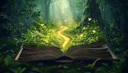 An open book transforming into a lush, enchanted forest with a glowing golden path, symbolizing imagination, adventure, and the magic of storytelling.