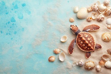 Fototapeta premium Baby sea turtle hatching at dawn on sandy beach surrounded by shells and ocean waves with copy-space