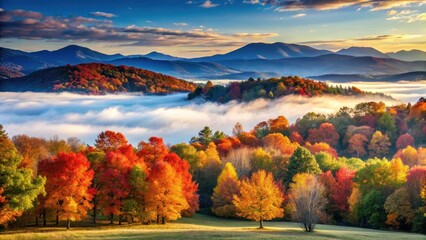 Obraz premium A sprawling landscape of maple trees in full color against a clear blue sky with white clouds, set against the backdrop of a misty mountain range at dawn , autumn foliage, blue sky