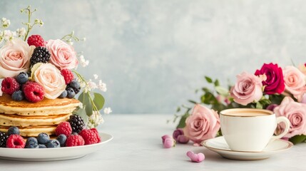 Naklejka premium Beautifully decorated breakfast table for Mother's Day with pancakes and fresh flowers